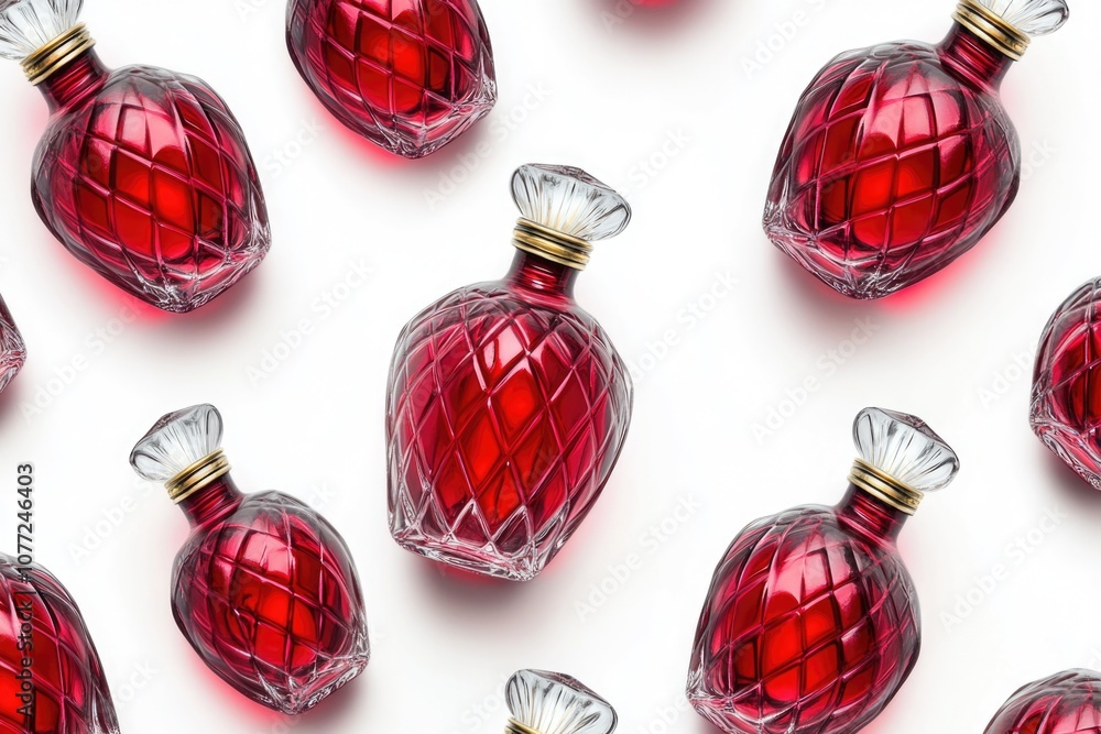 Poster A collection of red perfume bottles placed neatly on a white background