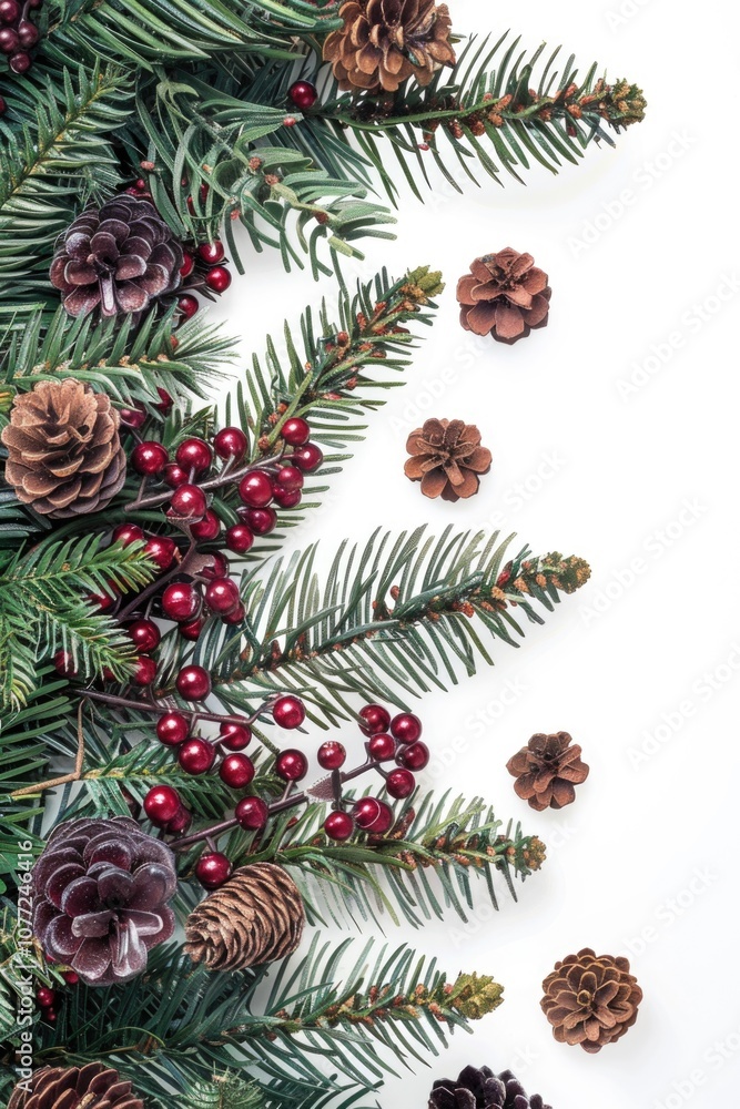 Poster pine cones and red berries arranged on a white background