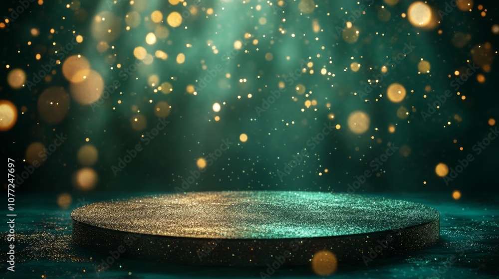 Poster A circular platform is surrounded by sparkles and soft golden lights, set against a vivid blue-green backdrop, creating a magical atmosphere for performances.