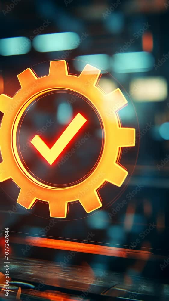 Poster Glowing orange gear with a check mark in a technological setting