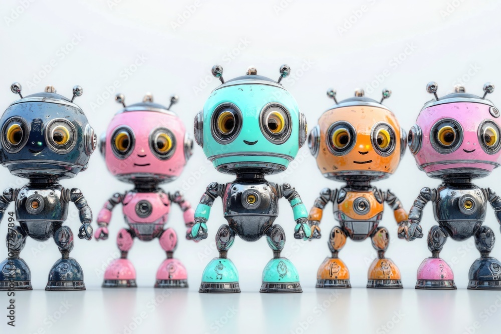 Poster a row of five robots with unique eye colors, suitable for futuristic or sci-fi concepts