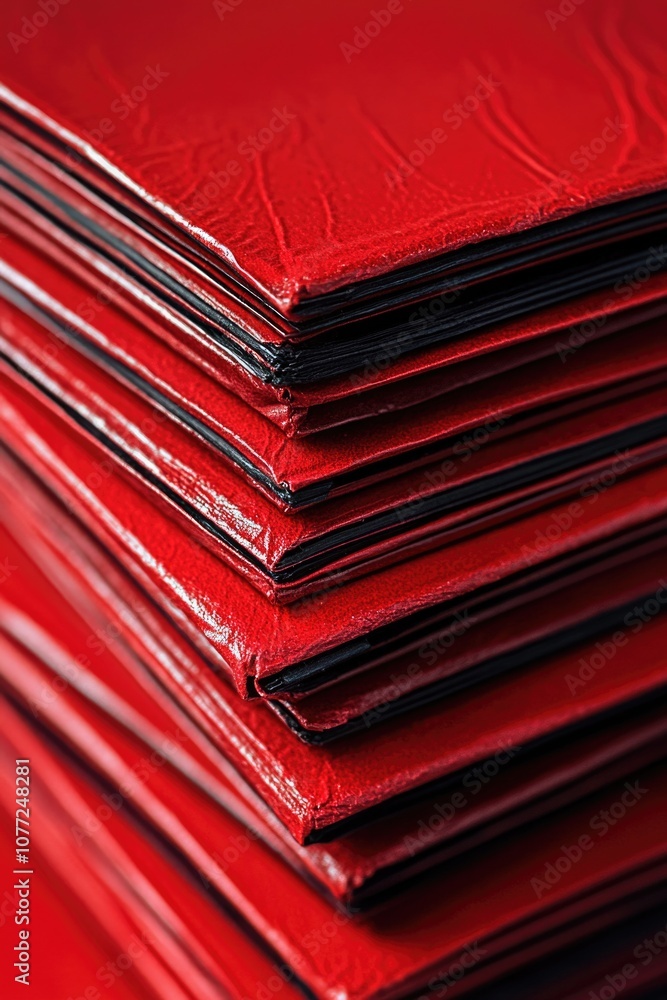 Poster a stack of red folders sitting on top of each other, often used for organization and storage