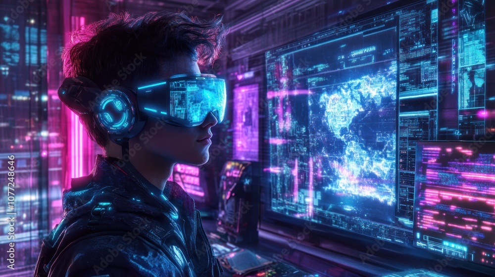 Poster cyberpunk hacker in a futuristic world