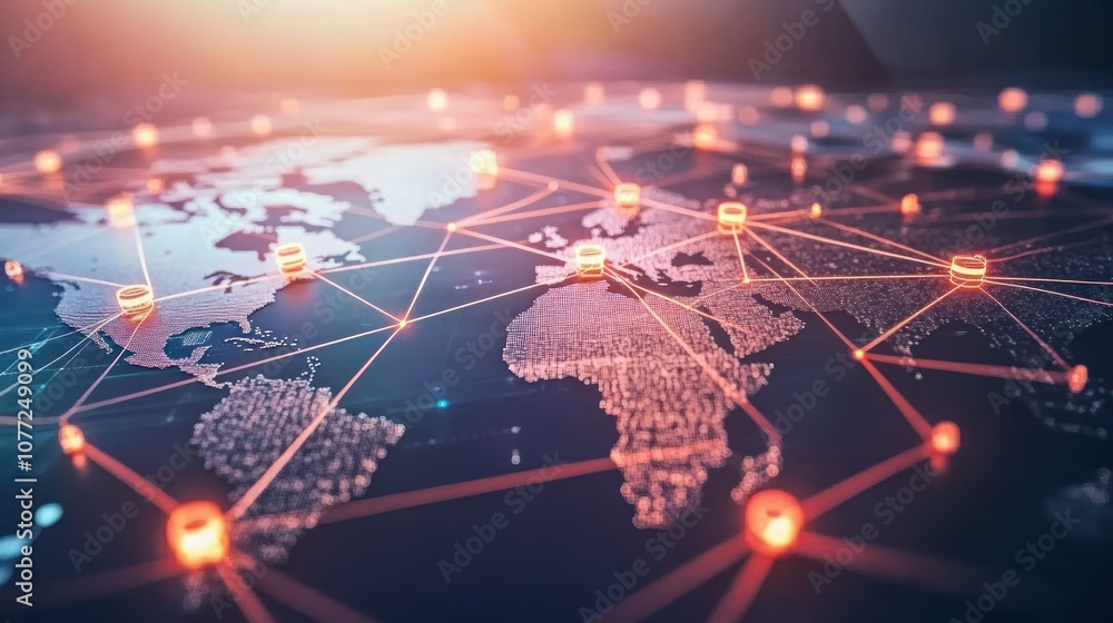 Poster global network connections with illuminated nodes and a world map
