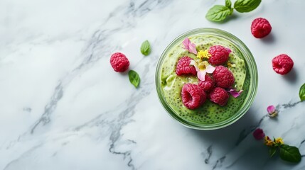 Matcha Chia Seed Pudding in Glass Jar: Professional Food Photography with Fresh Raspberries and Edible Flowers on White Marble. Clean, Balanced, and Stylish Presentation.