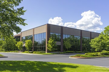 A modern industrial building surrounded by lush greenery and trees on a sunny day