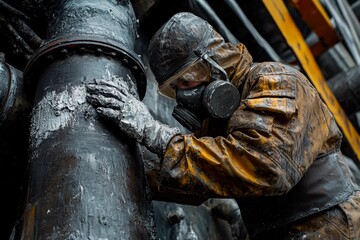 Worker in protective gear inspects industrial pipe during maintenance in a factory. Generative AI