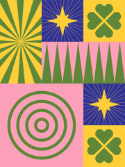 Holidays Cute Composition with Geometry Elements. Playful Grid for kids. Retro ornament. Print for social media. Simple shape with hearts. Green and pink colors. For banners, posters, packaging 