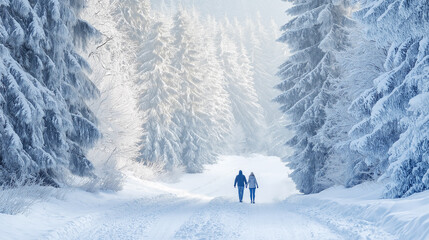 Snow-covered trees lining a quiet path with two small figures walking in the distance, capturing the serenity and beauty of a winter landscape.