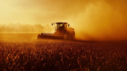 Fototapeta premium Combine Harvester in a Field at Sunset