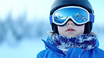 A young athlete gazes at majestic snowy peaks while suited up in winter gear, capturing the essence of alpine adventure