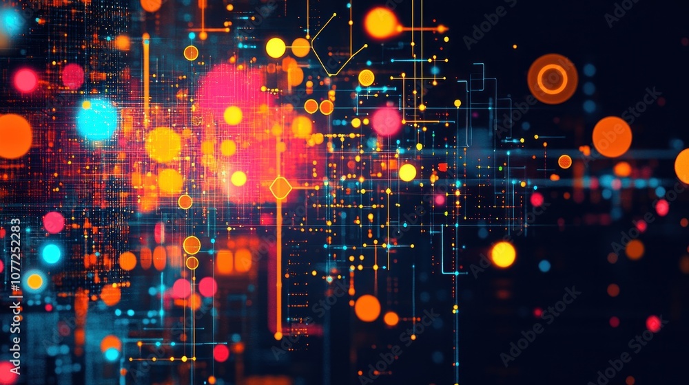 Poster abstract digital network with glowing nodes and lines in vibrant colors.