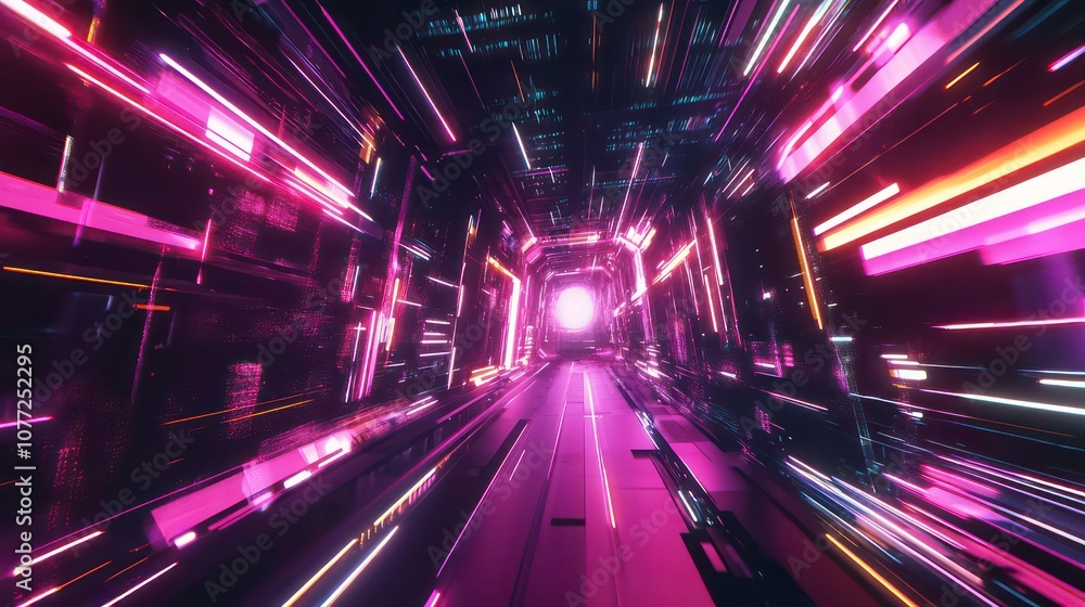 Poster Futuristic abstract illustration with neon rays and speed lines in a technological style.