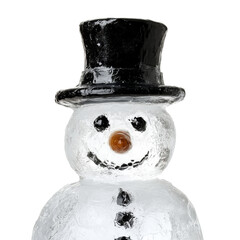 Close-up Ice Sculpture Snowman with Black Top Hat Isolated on Transparent Background. Cute Winter Holiday Festive Winter Decoration. 