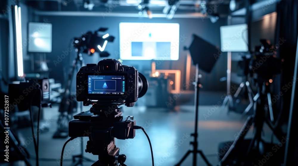 Poster a camera ready for recording in a professional studio setting