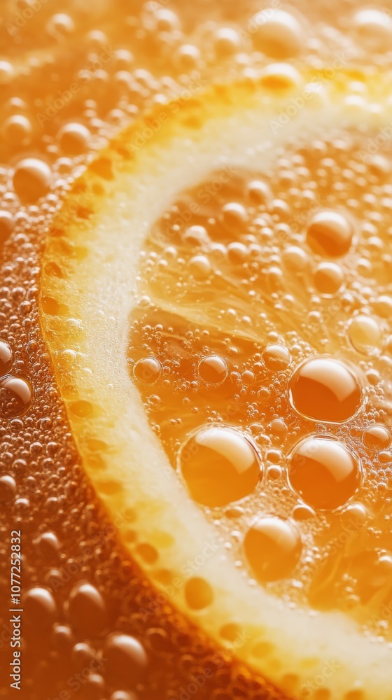 Poster a closeup of a bright orange slice in a sparkling drink with shimmering bubbles, creating a refreshi