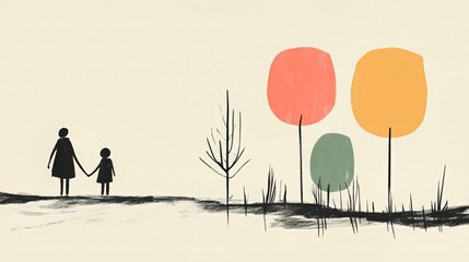 Naklejka premium Minimalist nature scene with silhouetted figures and abstract trees