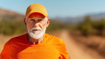 Senior Athlete: A determined senior man with a white beard and a yellow baseball cap, runs on a dirt road against the backdrop of a picturesque mountain range.