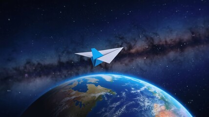 Naklejka premium A small white paper plane with a blue tail flying over the Earth. The Earth features visible landmasses and oceans. The background is the vast expanse of space, filled with stars