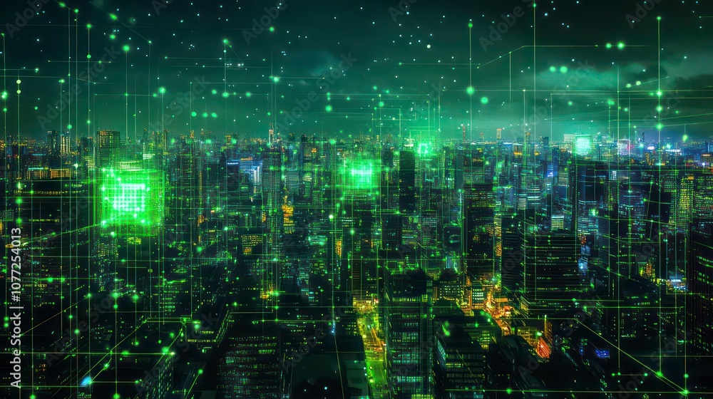 Poster a futuristic city skyline at night with glowing green lines and dots overlayed, representing digital