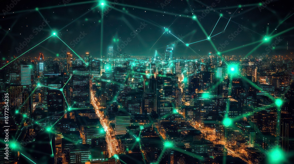 Aufkleber a futuristic cityscape at night with glowing green lines connecting buildings, symbolizing the inter