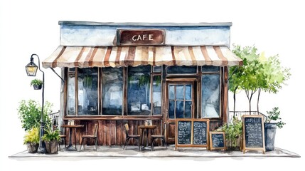 Watercolor Illustration of a Charming Cafe