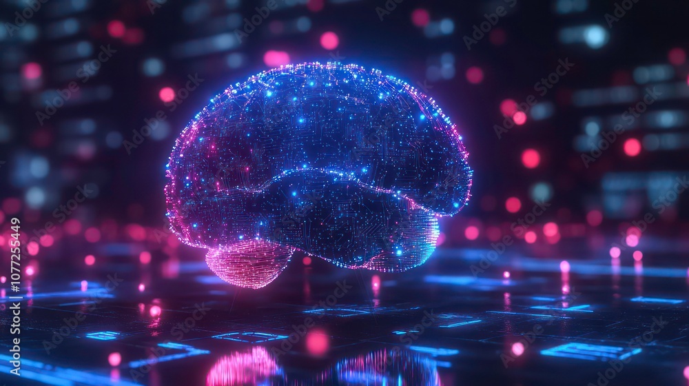 Aufkleber a glowing, digital representation of the human brain, consisting of particles and light, sits on a d