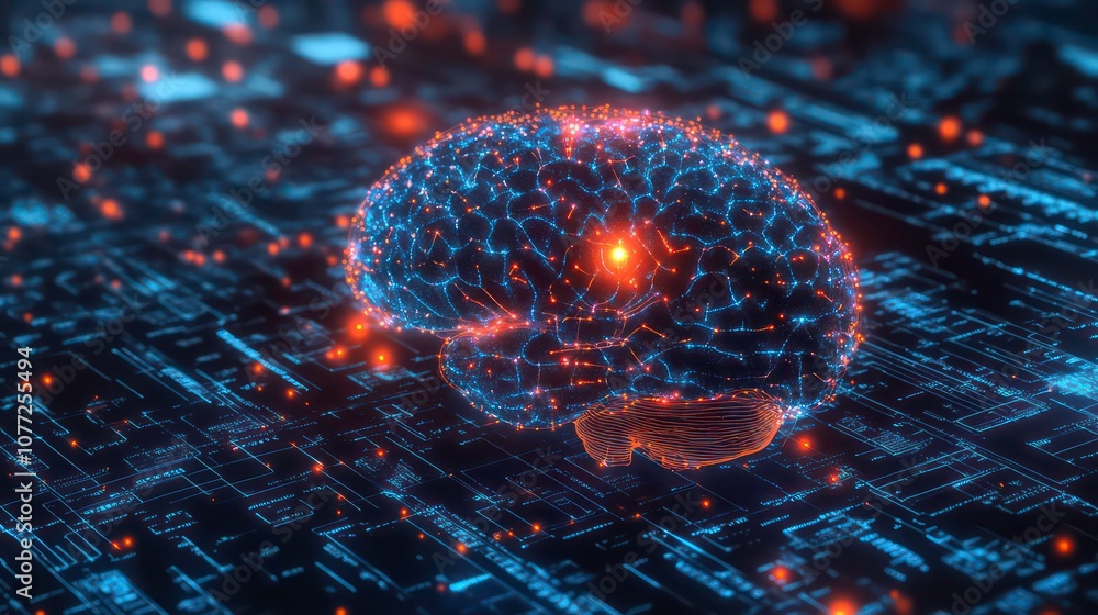 Fototapete futuristic digital illustration of human brain with advanced smart technology, neural network connec