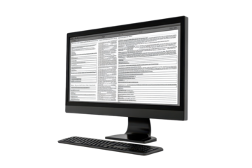 Rendering of a desktop PC displaying extensive text content in a modern workspace