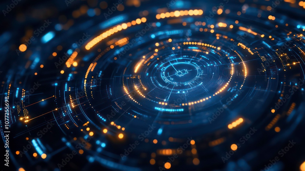 Poster Futuristic digital interface featuring circular patterns, glowing elements, and intricate data displays, representing advanced technology and cybersecurity themes.
