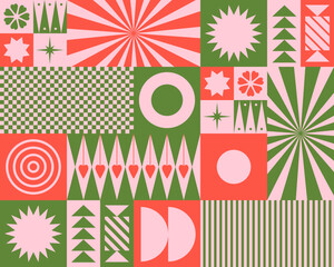 Holidays Cute Composition with Geometry Elements. Grid for kids. Retro ornament. Print for Christmas or Eve New Year. Simple shape with hearts. Green and red colors. For banners, posters, packaging 