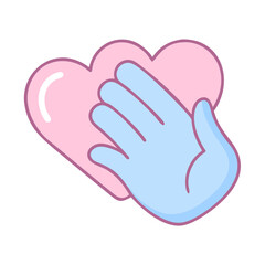 Obraz premium A hand is touching a heart. The image conveys a message of love and care. The pink color of the heart and the blue color of the hand create a sense of warmth and tenderness