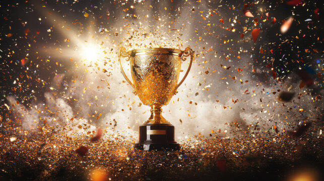 Golden trophy amidst sparkling confetti celebrating a significant achievement during an annual award ceremony in the evening