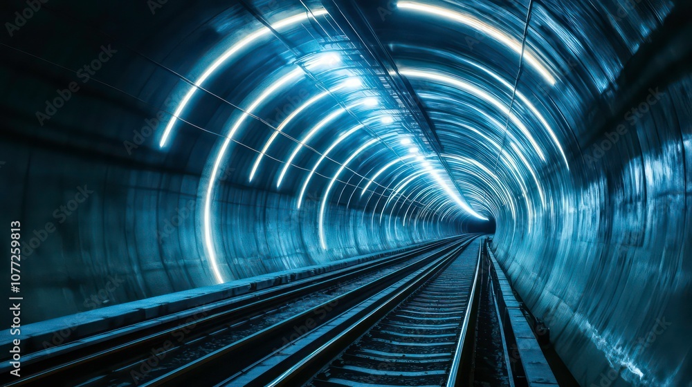 Poster Futuristic tunnel with glowing lines and a train track in the center.