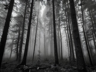 Naklejka premium A Monochrome Forest Scene with Thick Fog and Tall Trees