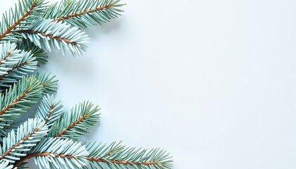 Obraz premium Blue Spruce Branches on Light Blue Background, Winter Holiday or Christmas Greeting Card Concept.
