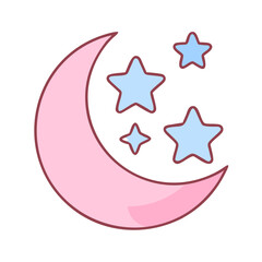 A cute drawing of a pink moon with three blue stars surrounding it. The moon and stars are drawn in a cute, whimsical style, giving the image a playful and lighthearted mood