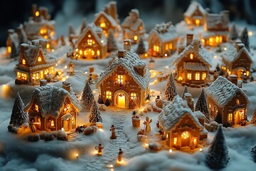 Fototapeta premium A magical miniature gingerbread village illuminated with warm lights for Christmas.