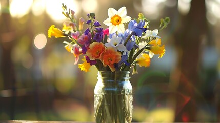 A vibrant spring bouquet in a classic mason jar, featuring seasonal blooms like daffodils, tulips, and irises.
