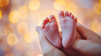 Naklejka premium Tiny baby feet held in loving hands against a backdrop of warm, golden lights.