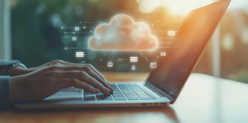 Man typing on laptop, cloud service hologram and devices sync, Ai