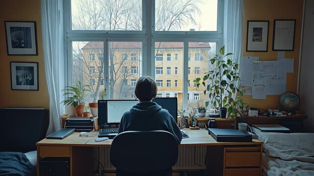 Student sitting at dorm room desk with campus view, College dormitory workspace interior with natural lighting and university landscape through window