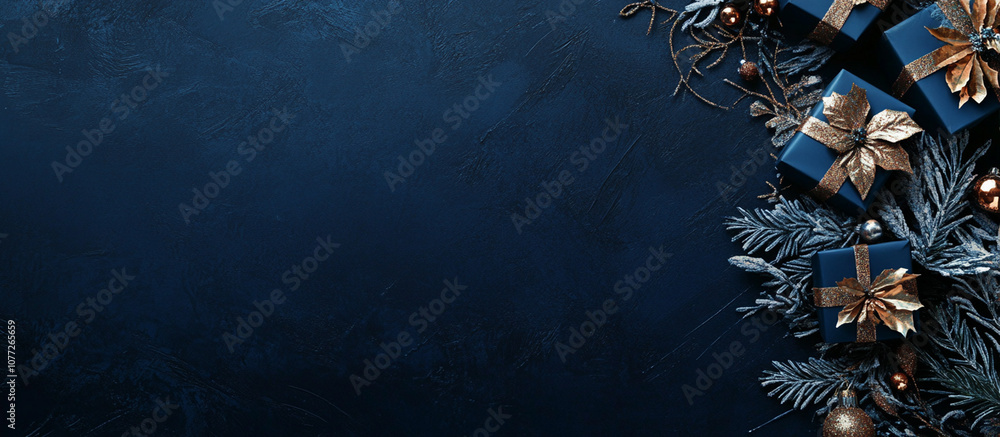 Fototapete A blue background with gifts and Christmas decorations on the right side, creating an empty space for text or graphics