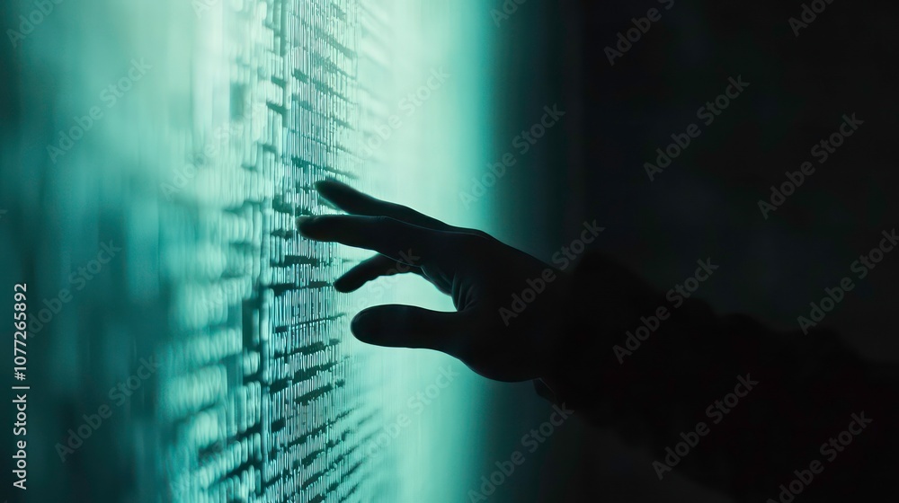 Poster a hand reaches out to touch a wall of code, illuminated by a green light.