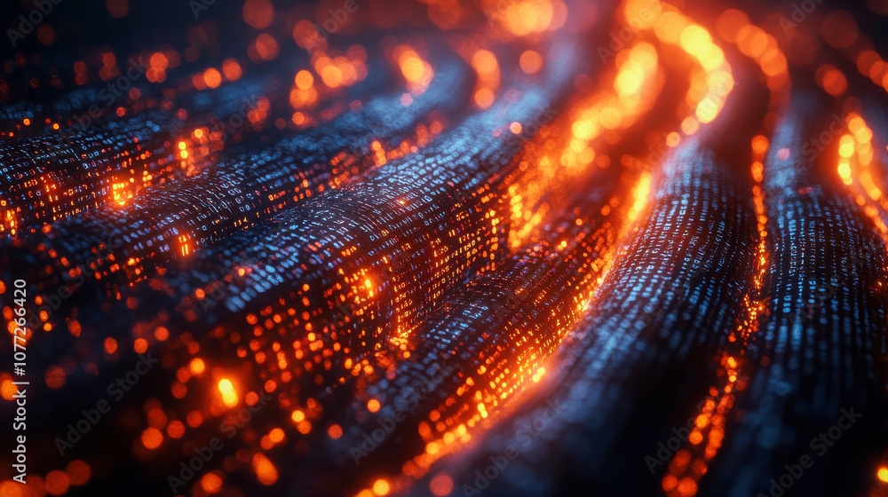 Poster close-up of glowing binary code waves, evoking themes of data flow, big data, and digital technology