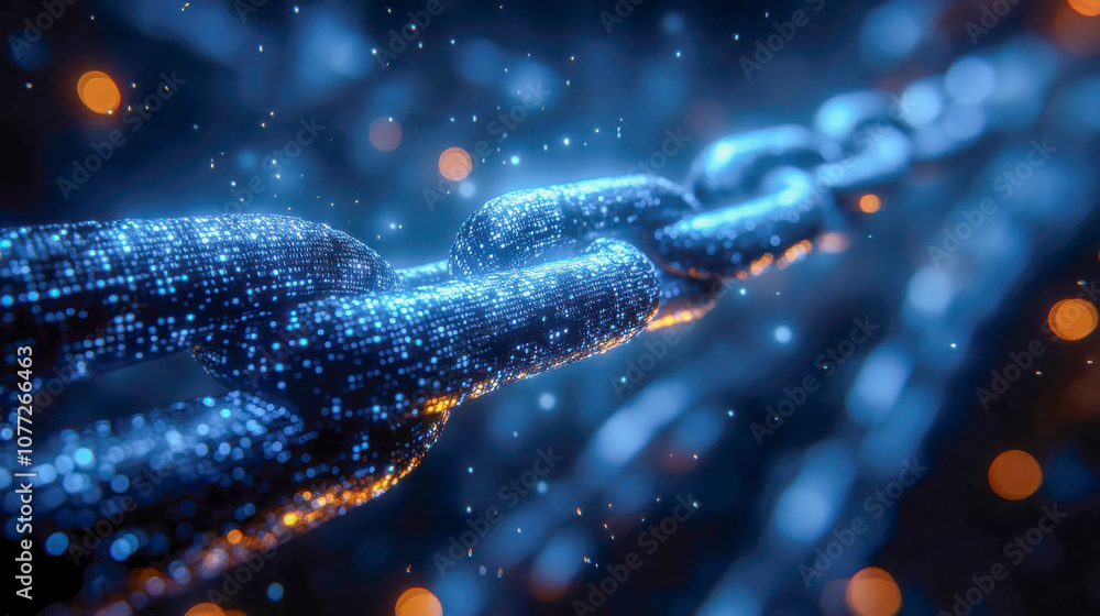 Poster digital chain with illuminated data points, symbolizing blockchain technology and secure data transf