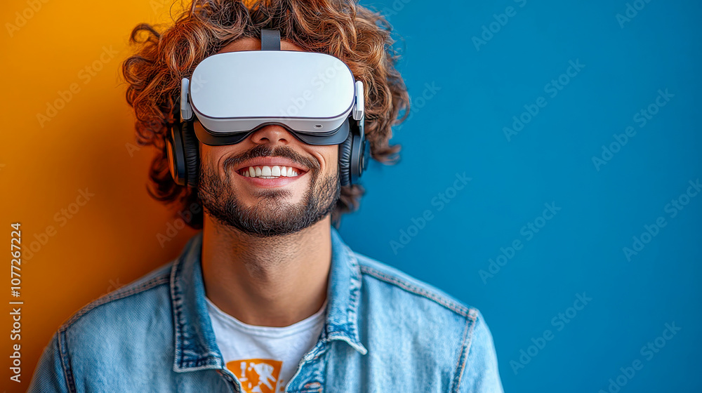 Poster man smiling while wearing a virtual reality headset, showcasing the enjoyment of immersive tech expe
