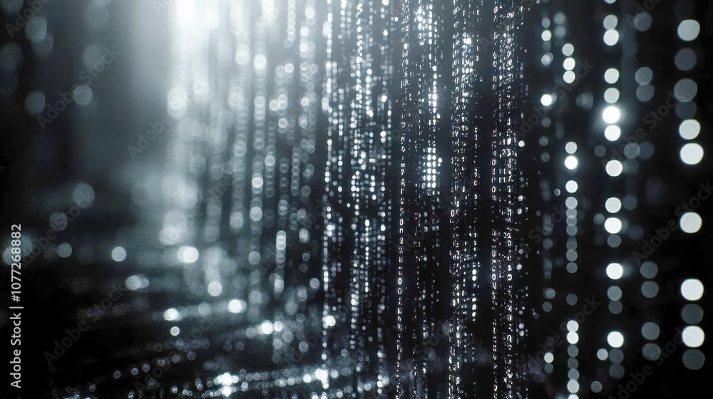 Poster a dark corridor filled with streaming white binary code, creating a futuristic and immersive digital