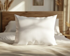 White pillow in the style of mockup that lie in the middle of the bed 