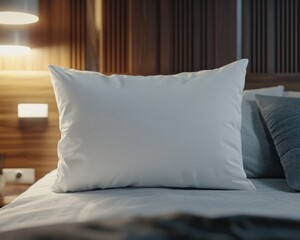 White pillow in the style of mockup that lie in the middle of the bed 